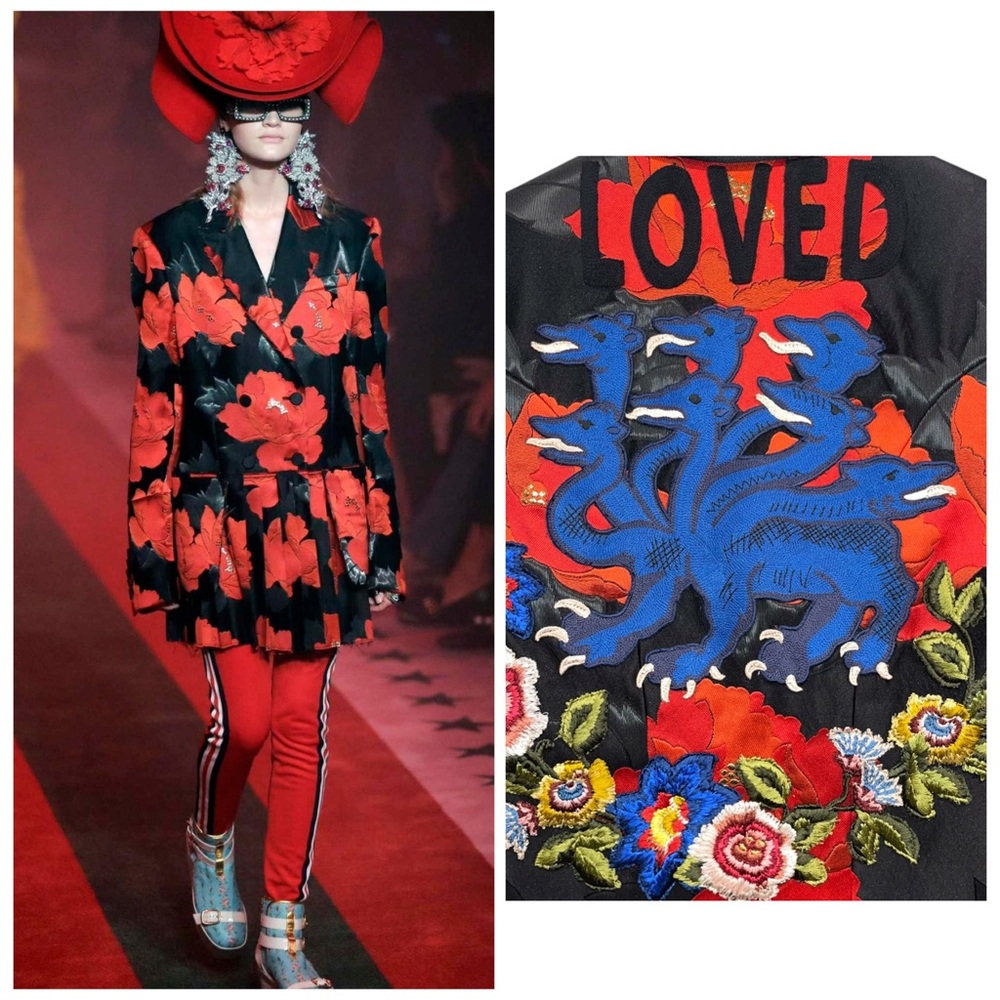 Gucci Red Black Blazer Dress Floral Brocade Dragon Embroidery Pleated 4 NWT 🟡